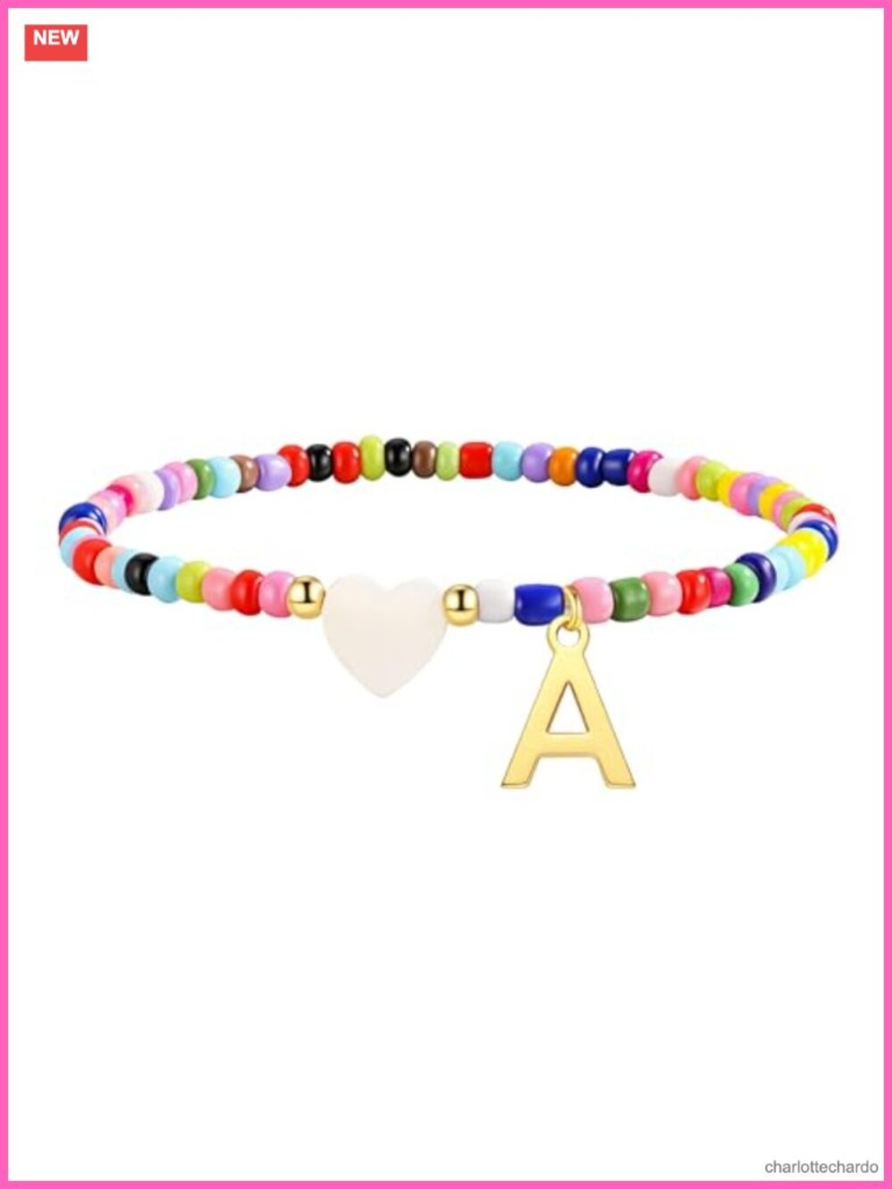 Colorful Beaded Initial Bracelet Stretch Elastic Gold Plated Letter Charm 6 Inch